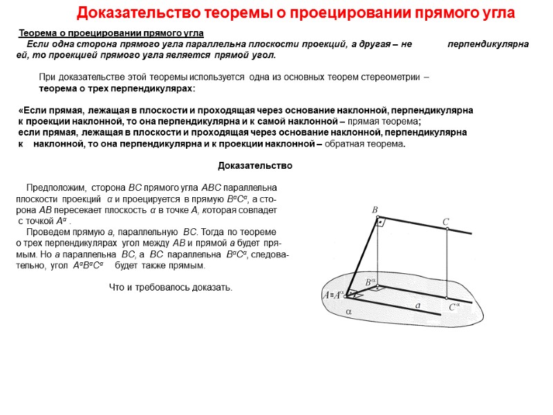 Доказательство теоремы о проецировании прямого угла  Теорема о проецировании прямого угла  